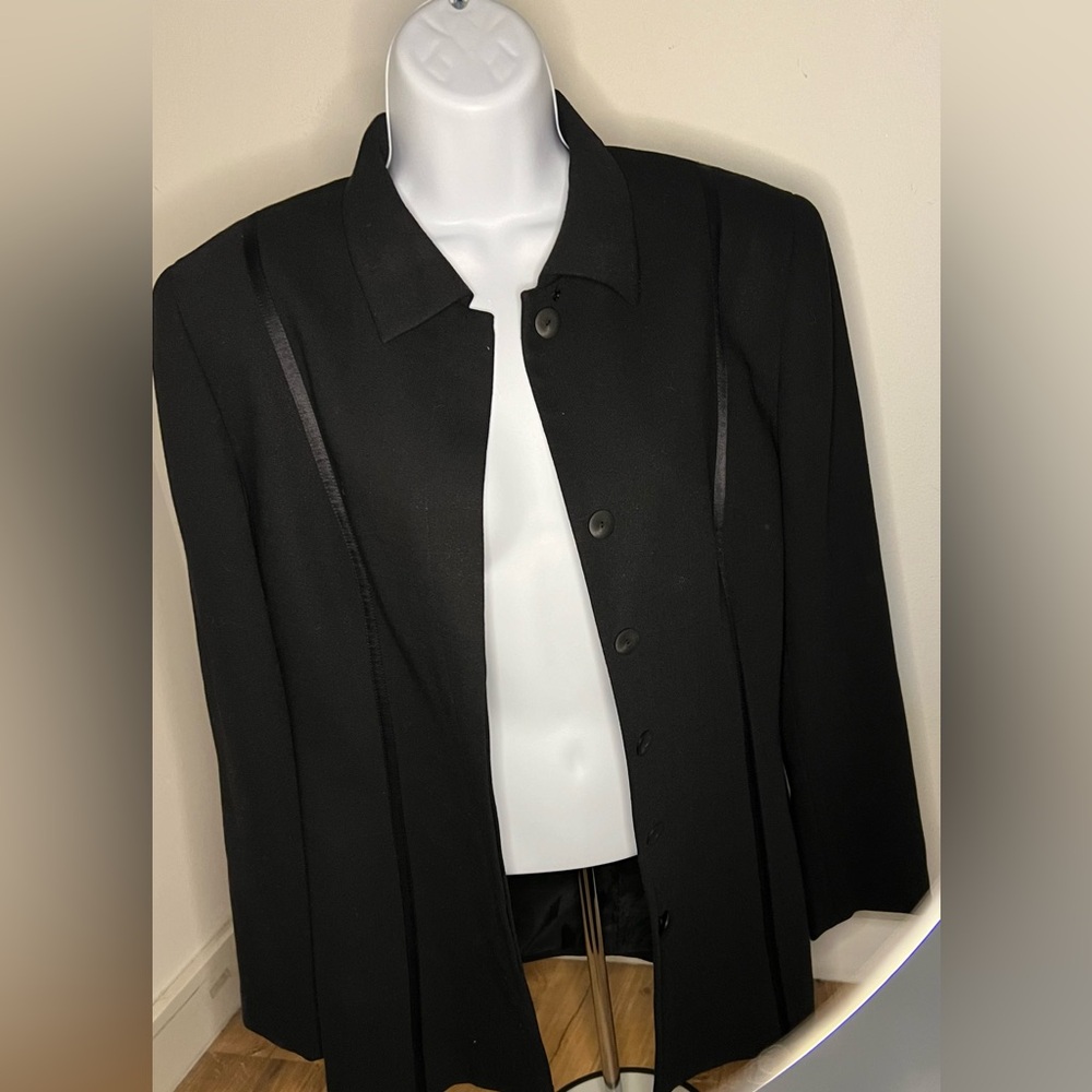 Carlisle black blazer with satin detail . Black Button down or leave open